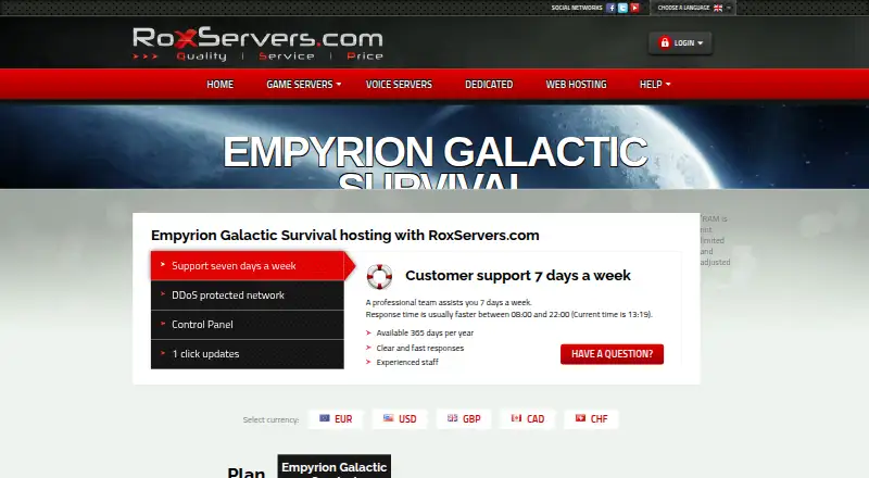 RoxServers Empyrion Hosting home page
