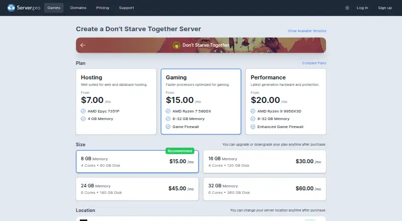 Server.pro Don't Starve Together Server Hosting home page