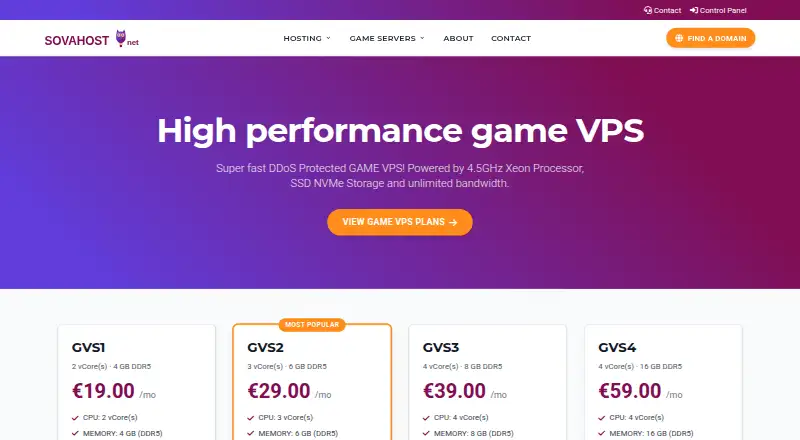 SovaHost Game VPS home page
