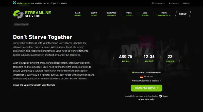 Streamline Servers Don't Starve Together Server Hosting home page