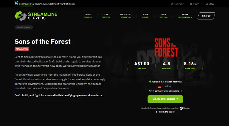 Streamline Servers Sons of the Forest Hosting home page