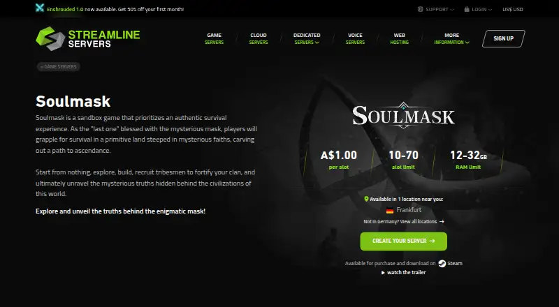 Streamline Servers Soulmask Server Hosting home page