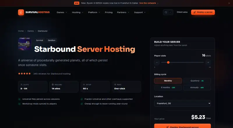 Survival Hosting Starbound Server Hosting home page