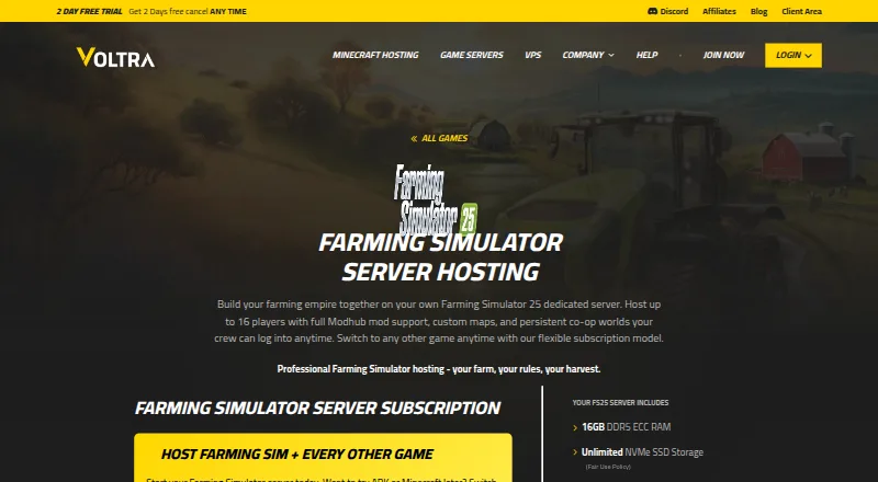 Voltra Farming Simulator Server Hosting home page
