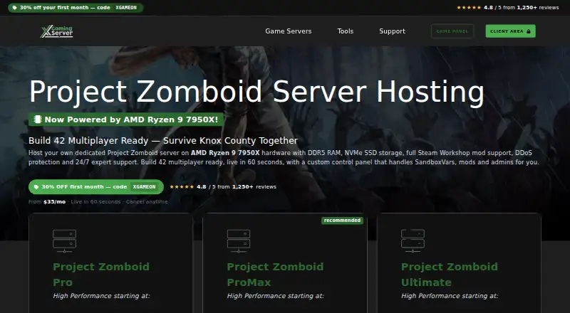 XGamingServer Project Zomboid Server Hosting home page