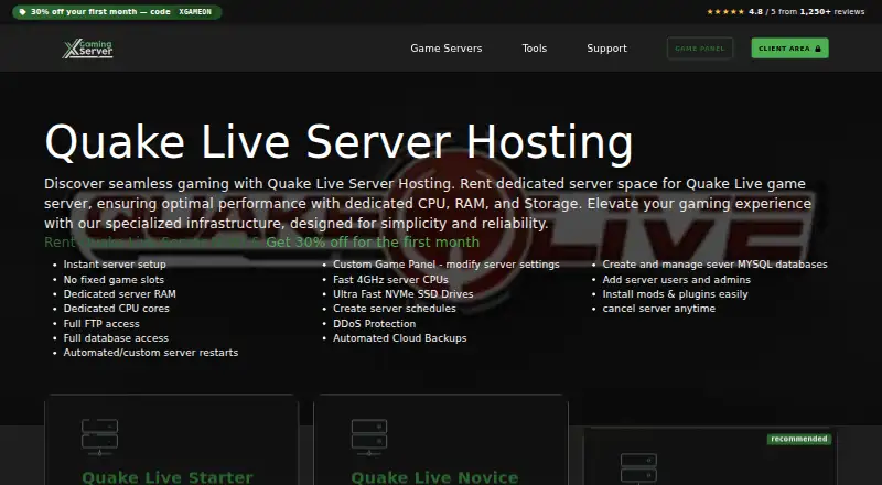 XGamingServer Quake Live Server Hosting home page