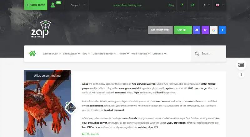 ZAP-Hosting Atlas Server Hosting home page