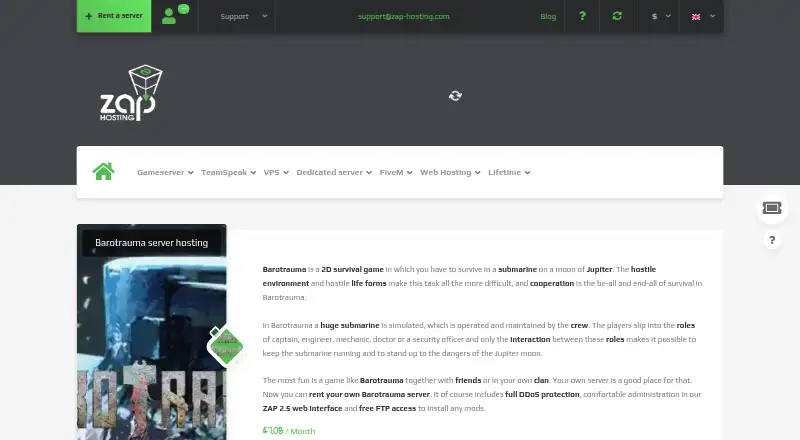 ZAP-Hosting Barotrauma Server Hosting home page