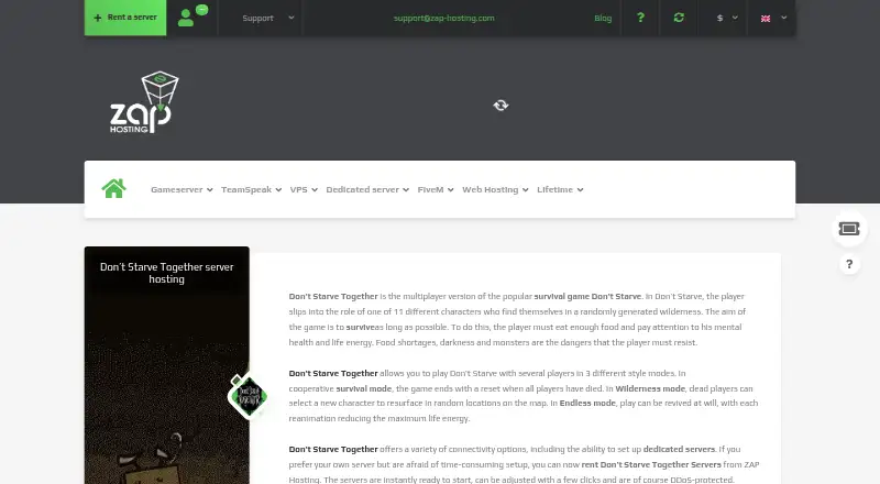 ZAP-Hosting Don't Starve Together Server Hosting home page