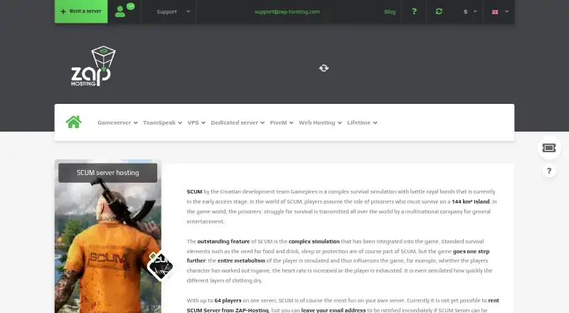 ZAP-Hosting SCUM Server Hosting home page