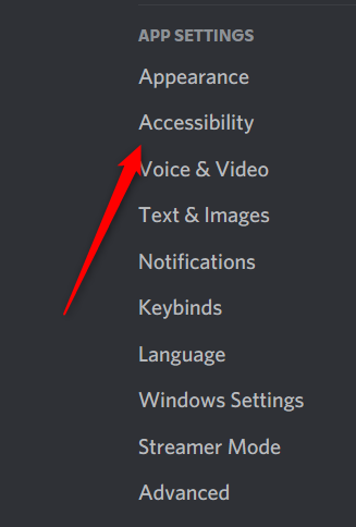 Accessibility option in the Discord App Settings menu.