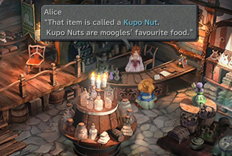 Alice talking about a Kupo Nut, the Moogle's favorite food, kupo.