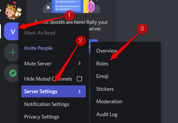 Right-click server name, hover your cursor over "Server Settings," and then click "Roles."