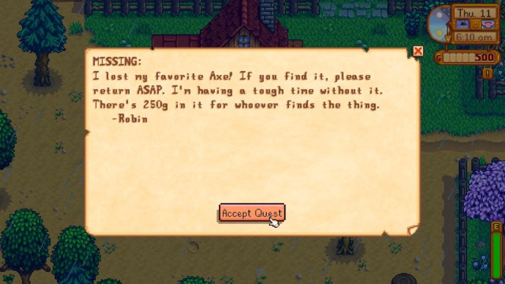 Robin's letter requesting you to find her lost axe in Stardew Valley.