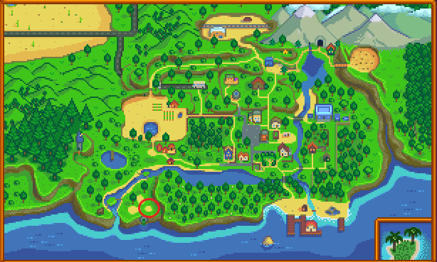 A full map of Stardew Valley's setting showing the location of Robin's Lost Axe with a red circle in the southwest area along the coastline.