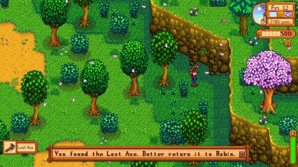 The player picking up Robin's Lost Axe in Stardew Valley.