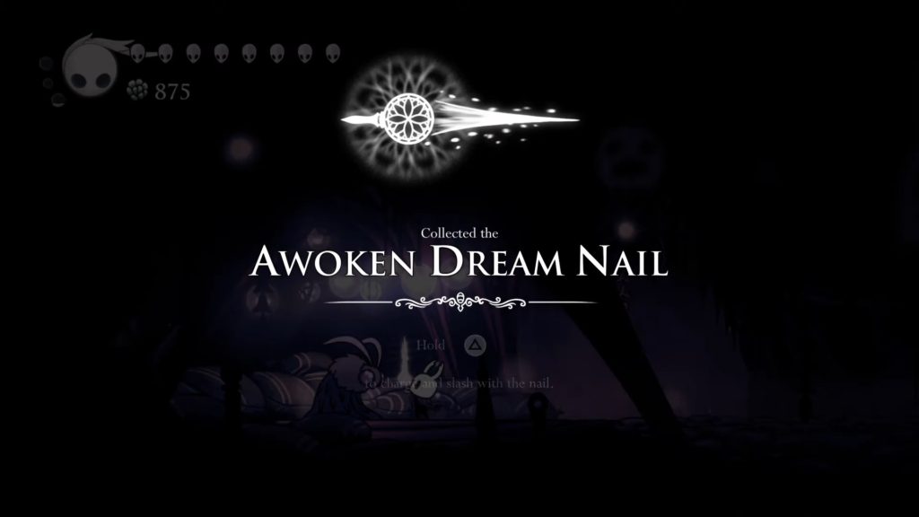 Collecting the Awoken Dream Nail in Hollow Knight.
