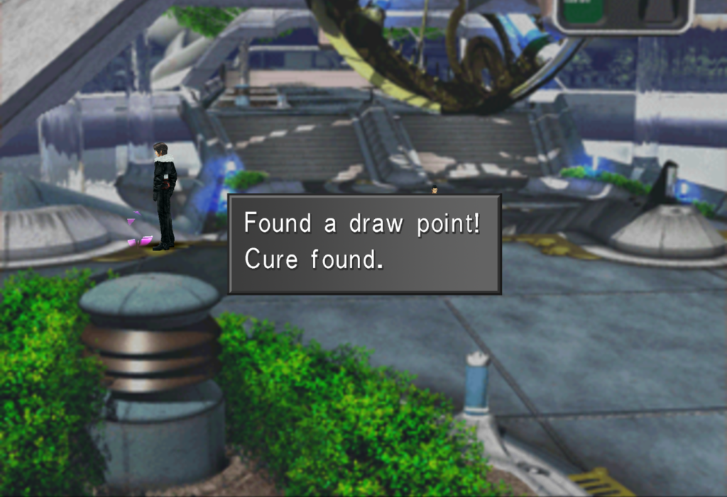 Squall draws Cure from a point near Balamb Garden's front gate.