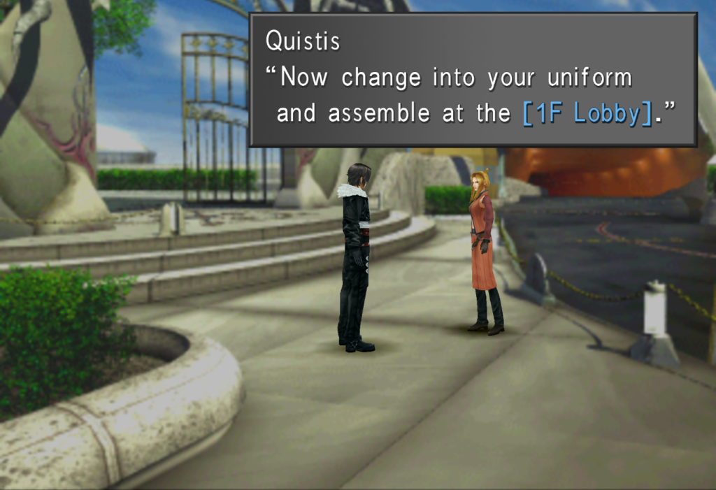 Quistis telling Squall to change and to assemble at the first floor lobby.