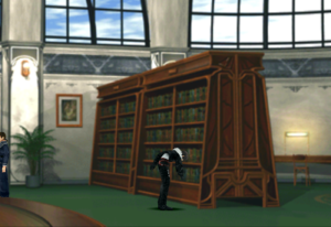 Squall reaching for the item on the bookshelf.