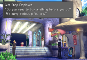 Squall speaking to the NPC at Balamb Town's gift shop.