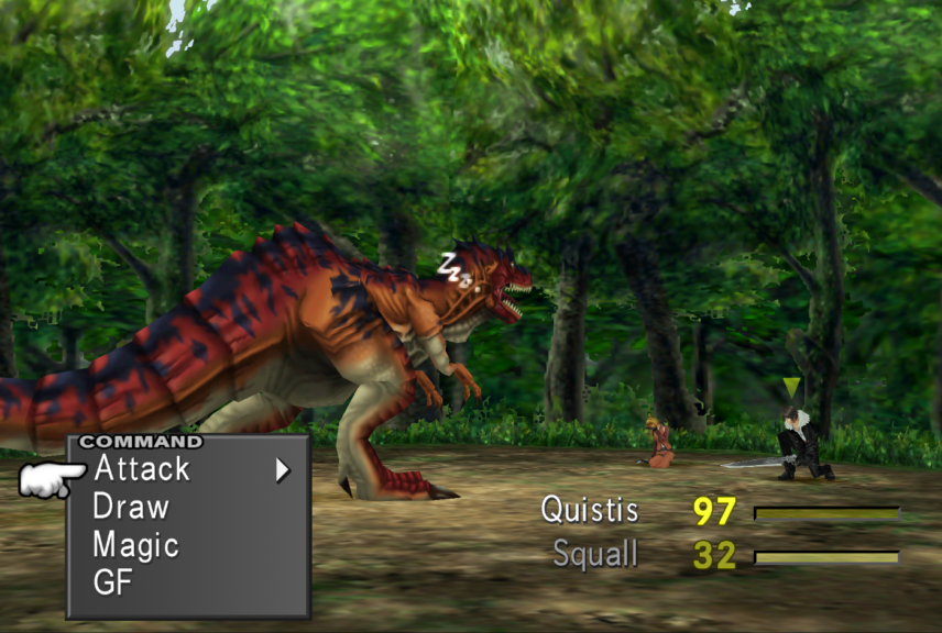 Squall and Quistis facing off against a T-Rexaur with Squall's command menu is showing.