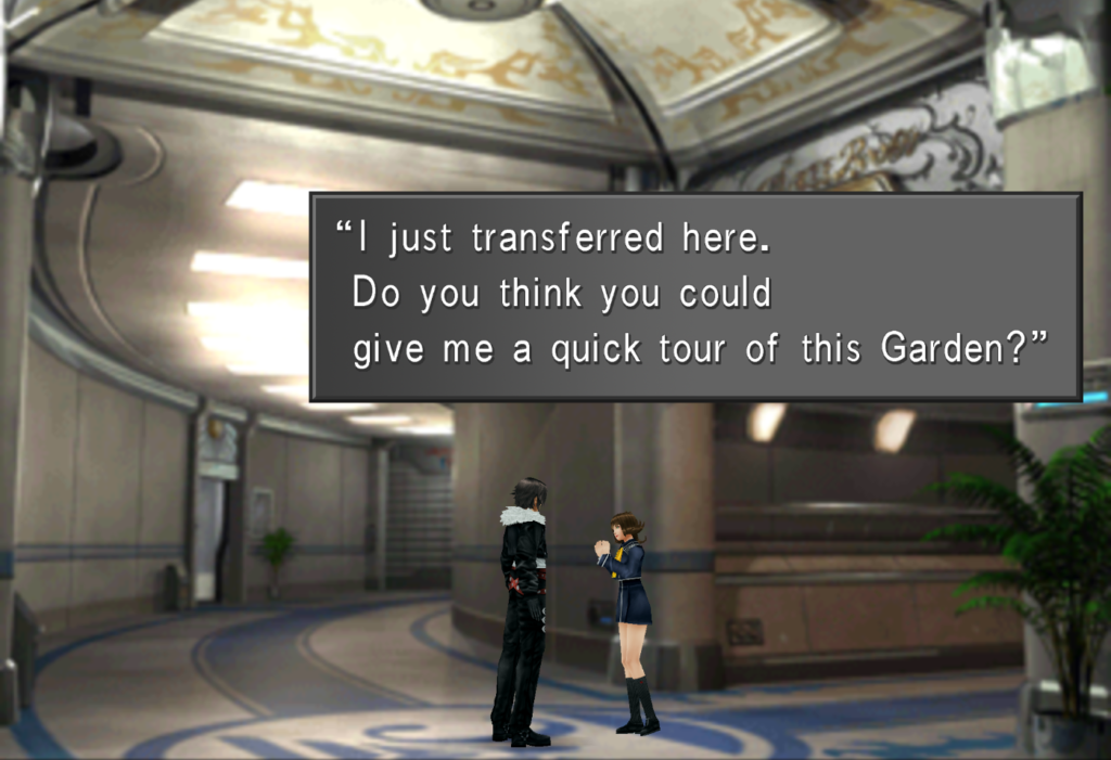 The transfer student asks Squall if he can give her a tour of Balamb Garden.