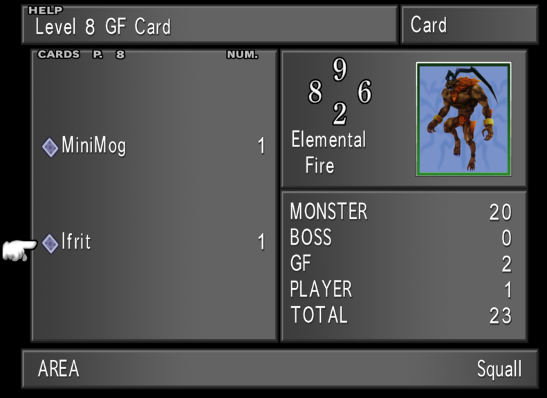 Viewing information on Ifrit's Card in the menu