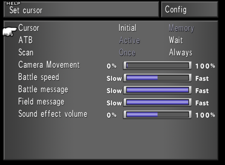 The config screen showing the various settings of the game.