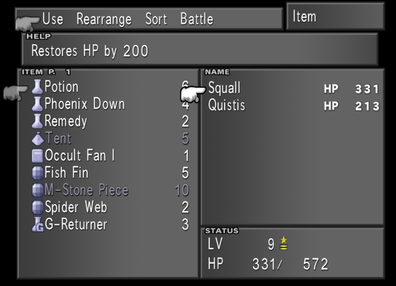 A potion is about to be used on Squall via the menu.