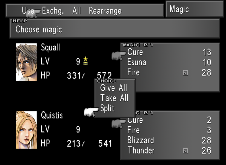 Splitting Magic between Squall and Quistis.