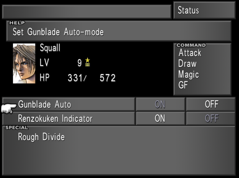 Squall's Renzouken settings being reviewed in the menu.