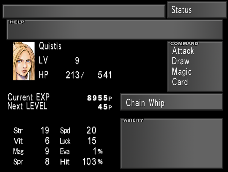 Quistis's Status Screen showing pertinent information.