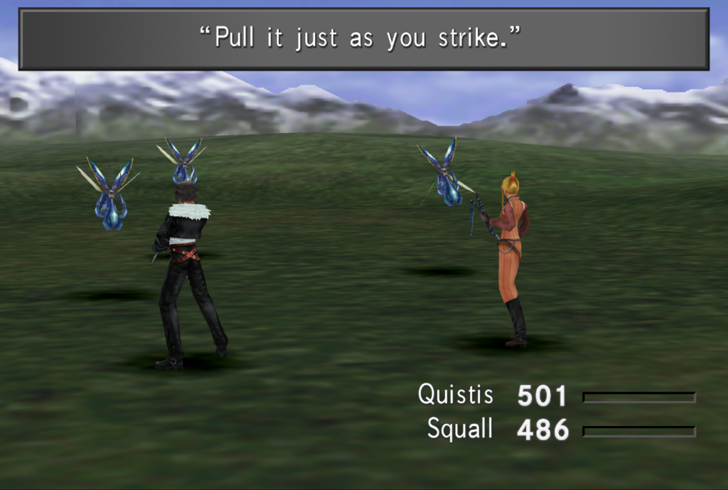 Quistis talking to Squall about the Trigger command whilst facing off against Bite Bugs