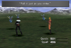 Quistis talking to Squall about the Trigger command whilst facing off against Bite Bugs.