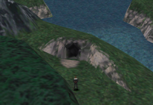 Squall stands in front of the Fire Cavern on the world map.