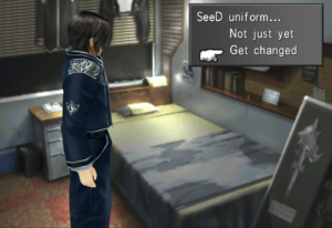 Squall deciding to change into his SeeD uniform.