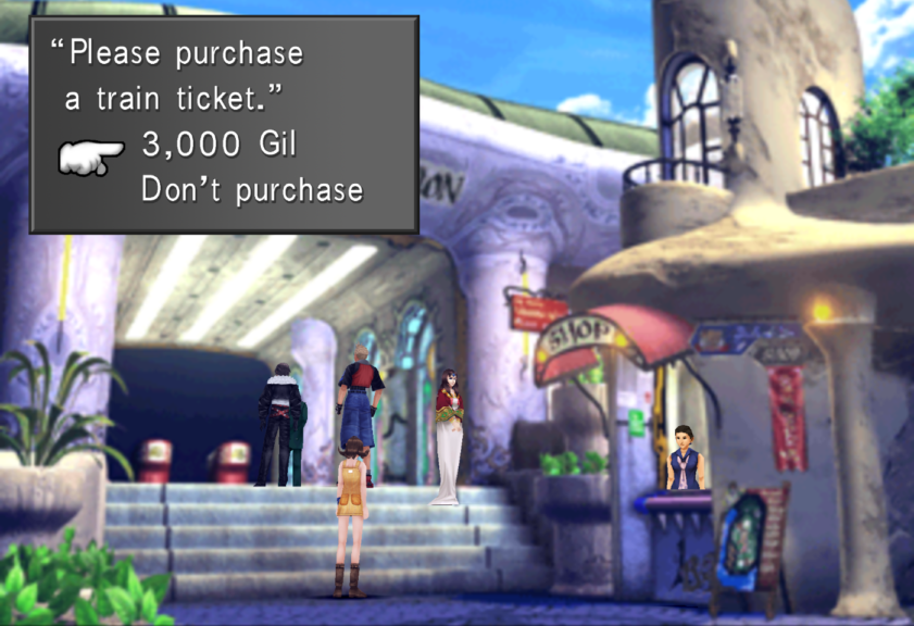 Squall purchasing a train ticket for 3,000 Gil.