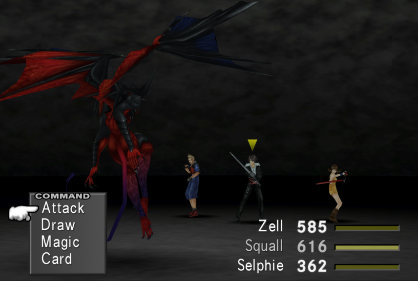 Squall, Zell, and Selphie facing off against Diablos.