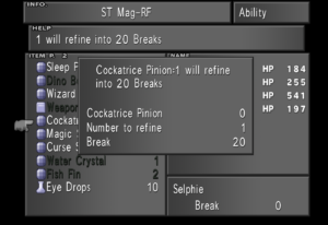 Refining 1 Cockatrice Pinion for 20 Break spells.
