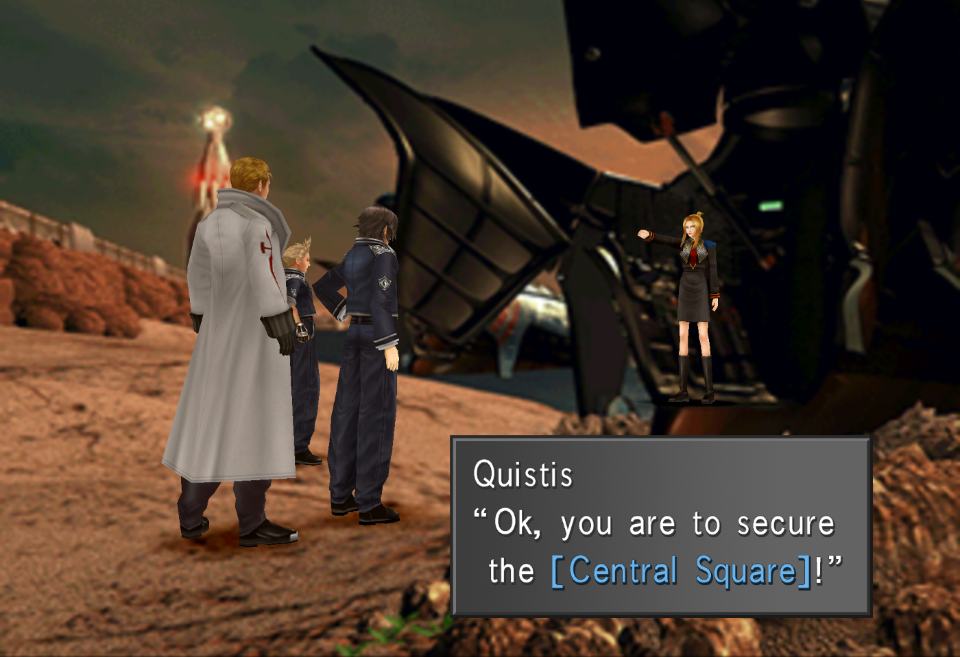 Quistis instructing Squall and Seifer to secure the Central Square.re.