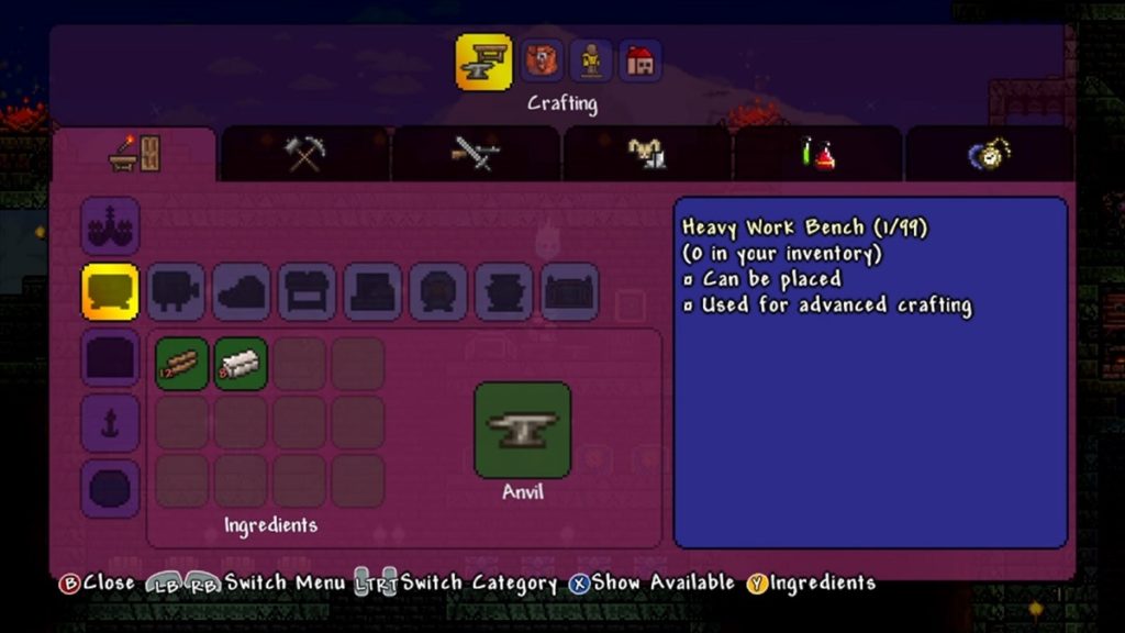 Crafting a Heavy Work Bench in Terraria.