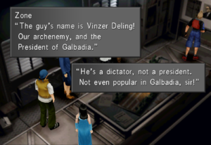 Zone discussing Vinzer Deling, the President of Galbadia.