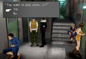 Squall challenging Watts to a game of cards.