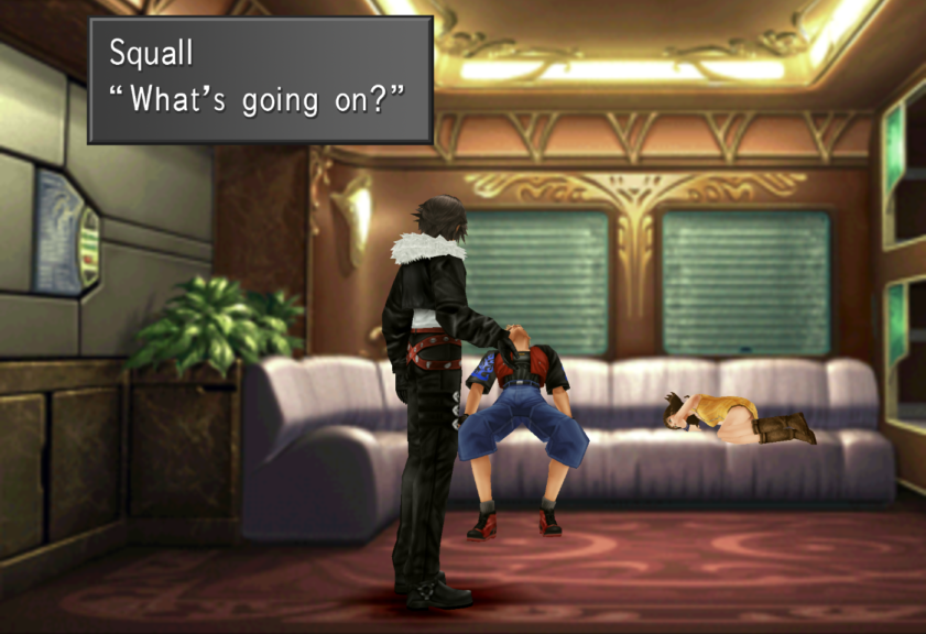 Squall wondering what's going as Zell and Selphie become unconcious.