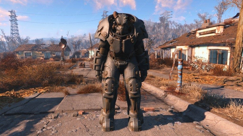 A rusty but powerfully built power armor standing in the road.