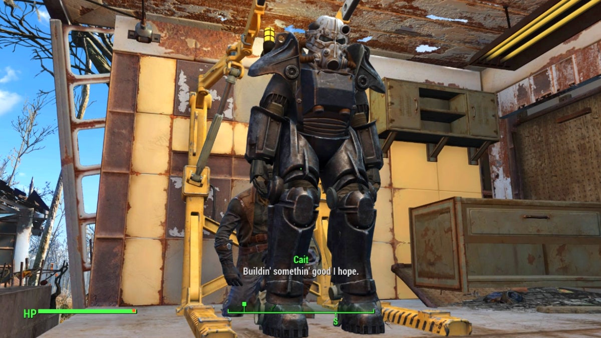 Repairing the white and grey power armor at a power armor station while an npc companion encourages them.