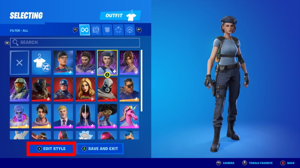 Fortnite Locker menu, with Edit Style option highlighted in red. 