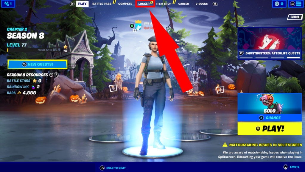 Main title menu in Fortnite's battle Royale mode, with Jill Valentine character selected, and a red arrow pointing to the Locker tab.