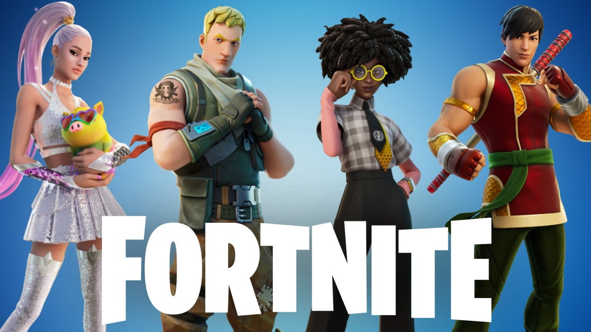 Ariana Grande, Jonsey, Doctor Sloane, and Shang-Chi Fortnite characters on a blue background with a the white Fortnite logo in front of them.